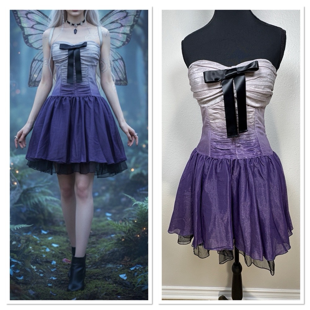 Fairycore Whimsigoth Purple Strapless Corset Dress‎ Bow Asymmetrical Tulle M Y2K